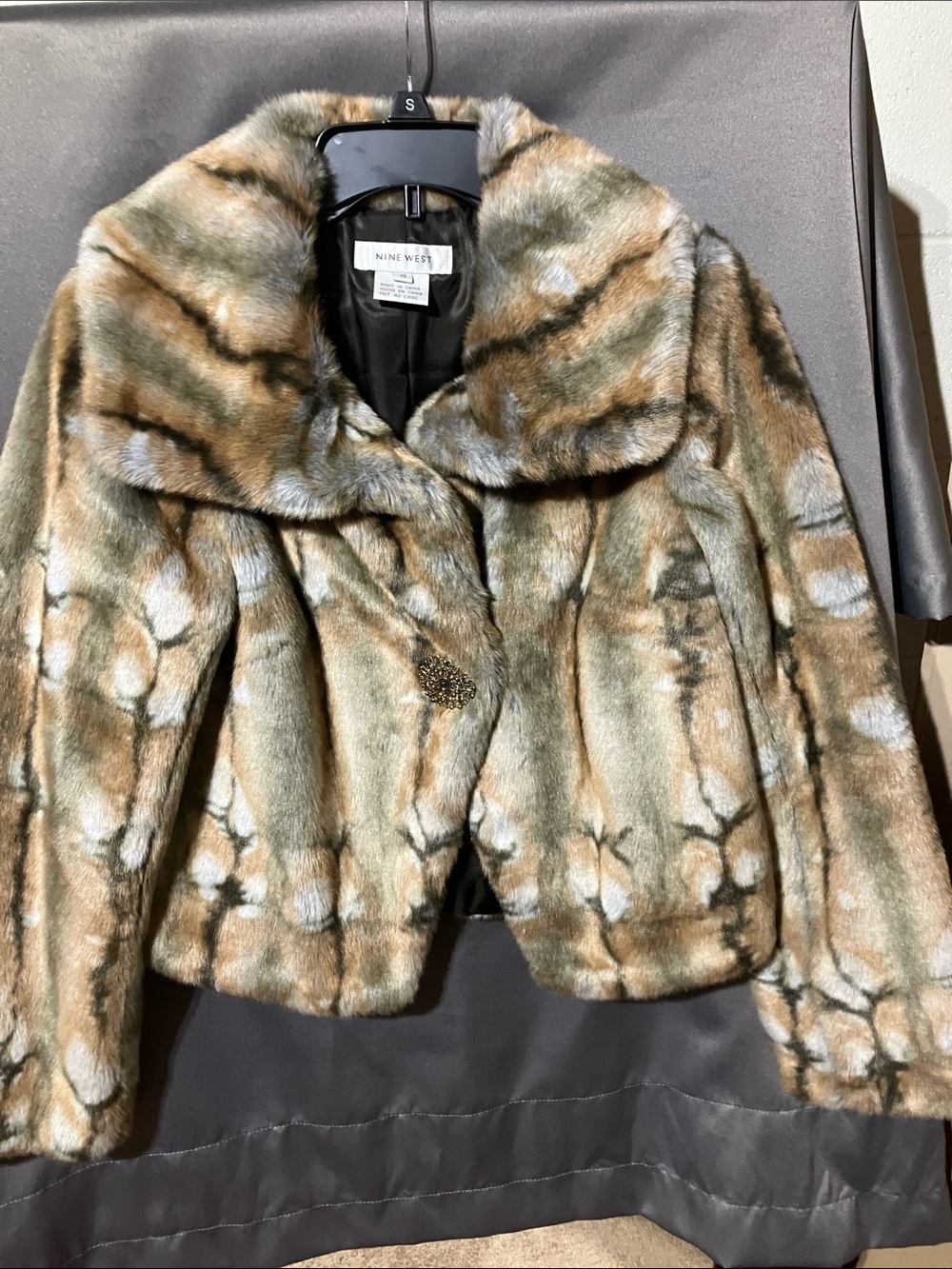 Nine West Faux Fur Teddy Jacket in Brown and Cream Floral Print